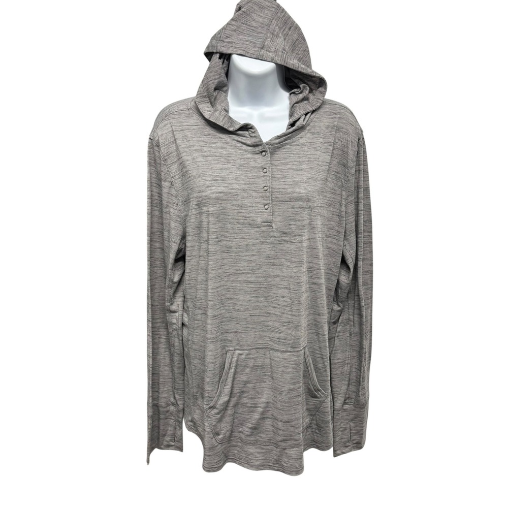 Prana Sol Defender Hoodie Grey Heather Henley Snap Kangaroo Pocket XL Womens